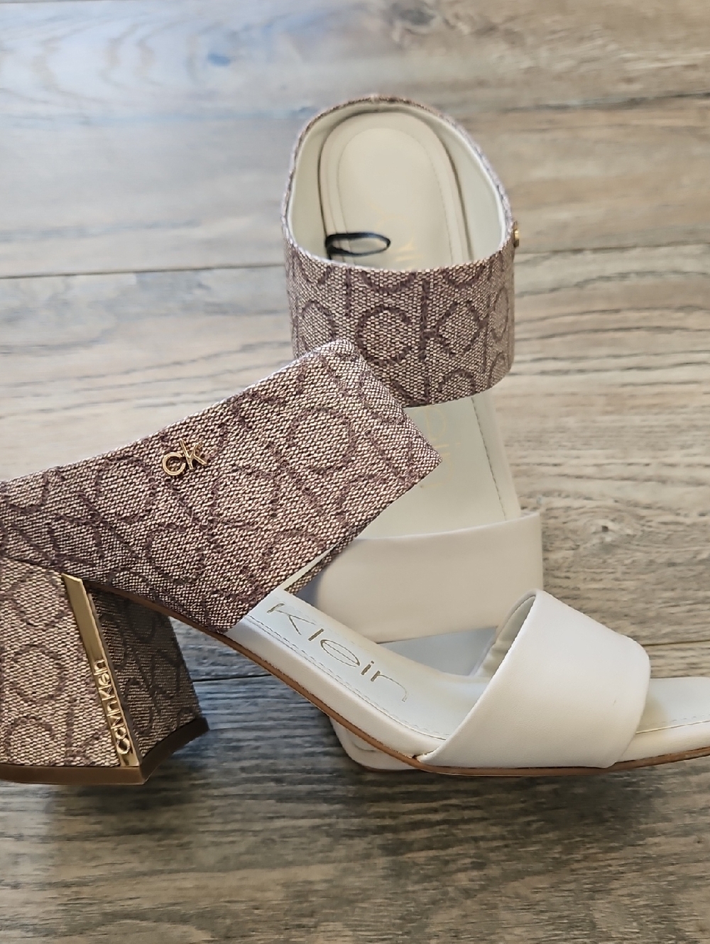 Calvin Klein White and Beige Monogram Block Heel Sandals